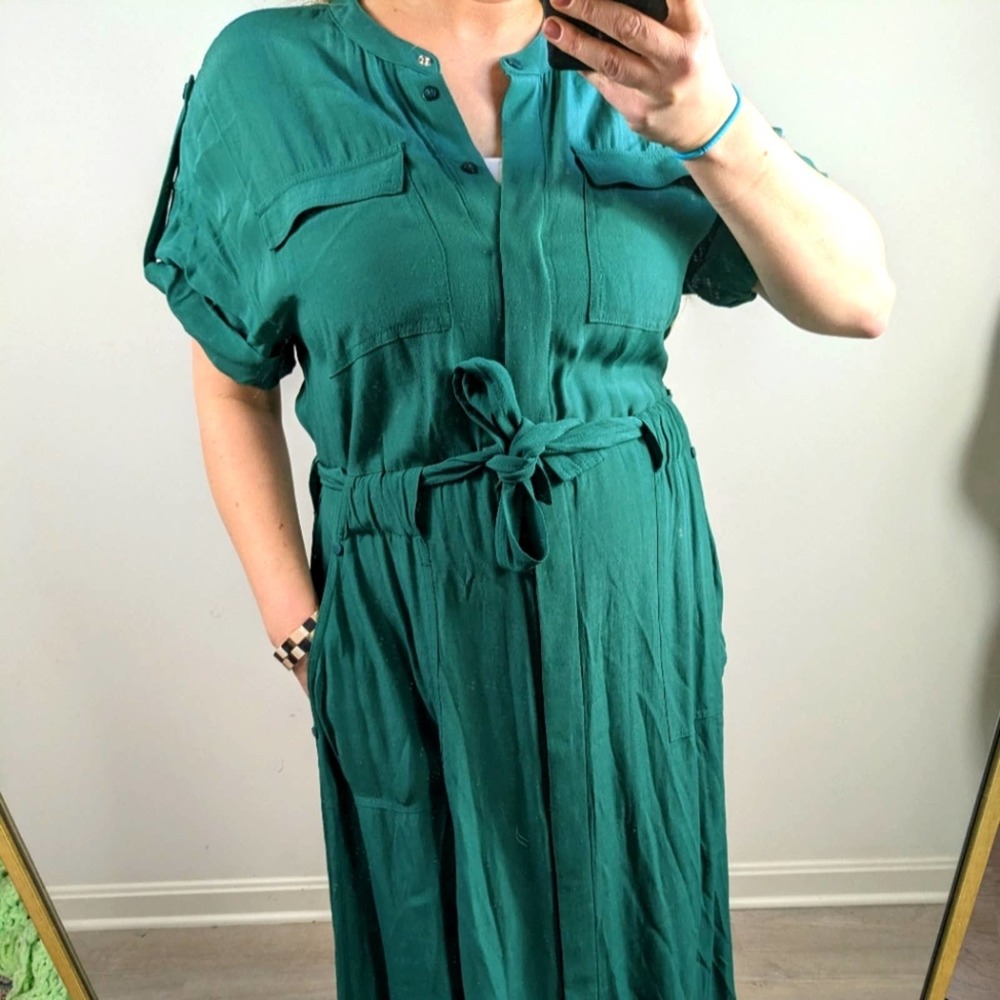 Calvin Klein green button down belted pockets midi dress sz 8 short sleeves